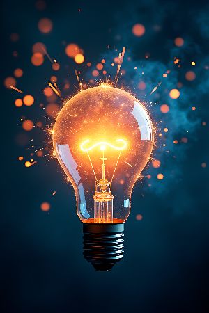 A lightbulb with orange sparks on a dark blue background.