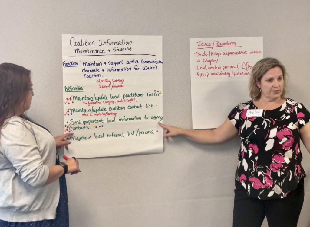 Two women standing, pointing at flip chart paper taped to a wall with information about coalitions.