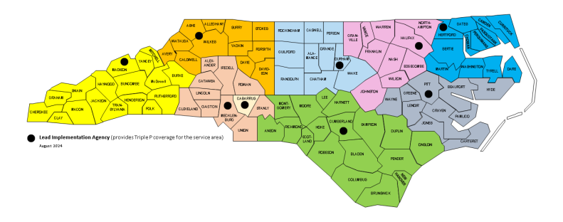 Lead Implementing Agency (LIA) map showing the regions color coded. https://ictp.fpg.unc.edu/about/nc-project/lia-map/